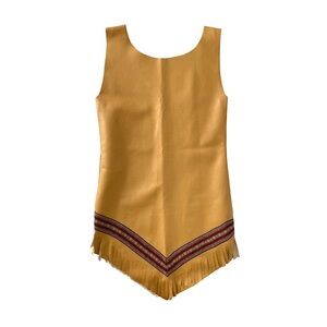 Vintage Native American Fringe Vegan Leather Sheath Dress Embroidery Tan Gold M